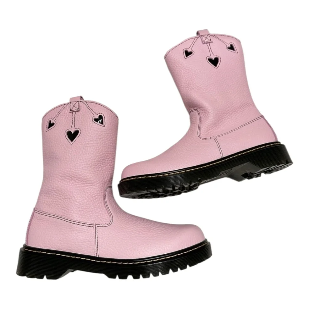 Pink Heart Detail Leather Boots Moto Western Style Cute‎ Grunge